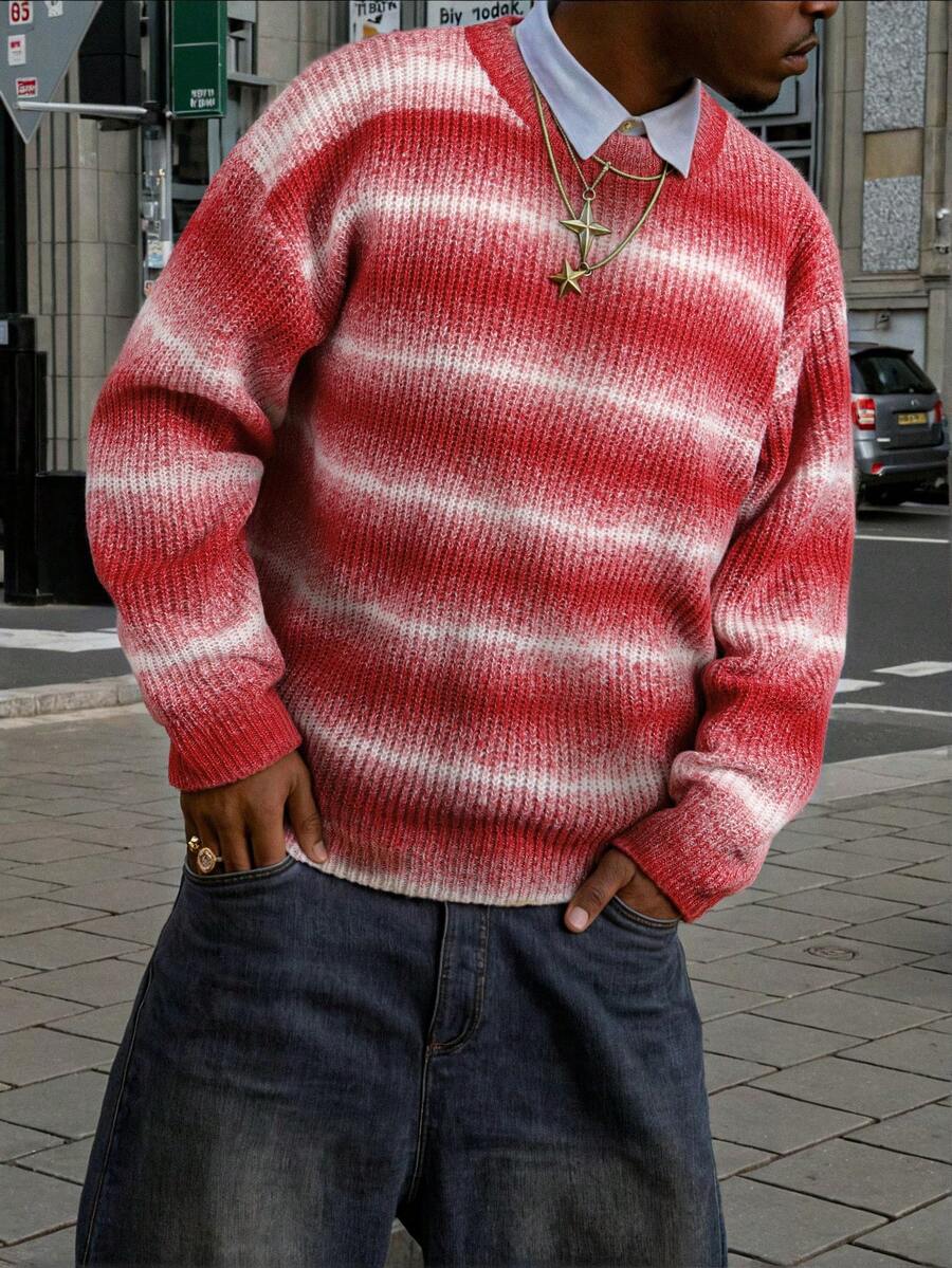 Manfinity CasualKnits Men's Casual Commuting Ombre Striped Pattern Dropped Shoulder Loose Knit Sweater, Suitable For Autumn/Winter And Christmas Red Striped Sweater Streetwear Men 90s Fashion, Long Sleeve Top - Red - View 1