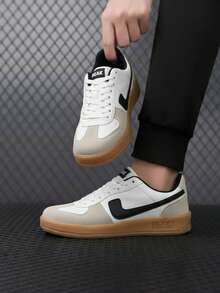 Tenis para hombre resistente mezcla de materiales punta redonda cordones suela engomada estilo retro casual deportes tenis - Blanco - Ver 1