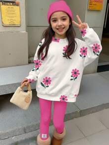 SHEIN Leap Crew Bộ 2 quần áo nỉ dài tay cổ tròn in họa tiết hoa cổ điển thường ngày cho bé gái tuổi teen, phù hợp cho mùa thu/đông - Nhiều màu - Xem 1