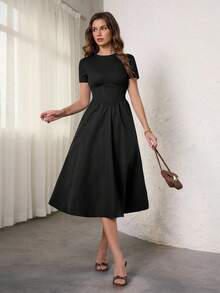 SHEIN Tall Casual Black Solid Color Fishbone Tape Decor Short Sleeve Mid-Length Dress, Tall Version Extended Length