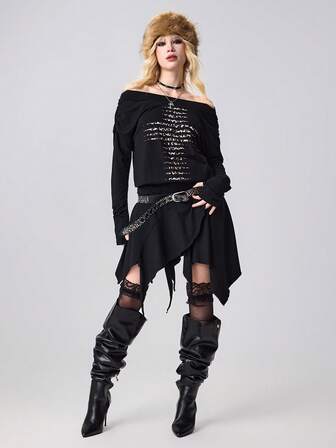Grunge Punk Abito da donna stile Y2K con stampa leopardata, grafica a croce, spalle scoperte, maniche lunghe e orlo asimmetrico