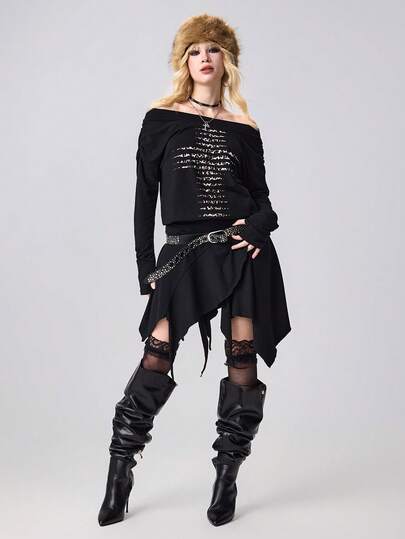 Grunge Punk Women's Y2K Millennium Leopard Print Cross Graphic Off Shoulder Long Sleeve Asymmetrical Hem Dress