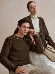 Manfinity Homme Men's Colorful Rhinestone Decor Crew Neck Long Sleeve Casual Sweater, Autumn/Winter Knit Men Earthy Clothes Men Brown Sweater Men Cashmere Men Men Fall Collection - Brown - View 6