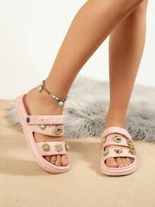 :Sandalia de mujer EVA ligera abierta tiras decoradas estilo chic verano playa casual sandalias - Rosa Pálido - Ver 2