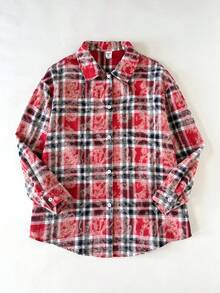 SHEIN Tween Girls Red Plaid Long Polyester Shirt Blouse With Drop Shoulder Sleeves And Asymmetrical Hem Everyday Casual Style Blouse - Red - View 11