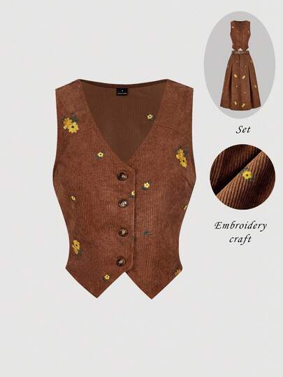 SHEIN MOD Chaleco de mujer de pana marrón con bordado de moda casual, otoño/invierno, casual, western, bohemio, vacaciones, top marrón, bordado de flores, otoño/invierno, Año Nuevo, fiesta, retro, chaleco de mujer, top marrón de mujer, chaleco de vaquera, top western