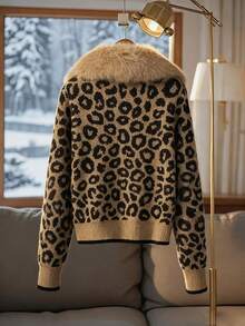 Franclia 新款秋冬欧美风豹纹毛领街头时尚女士开衫毛衣 - 棕色 - 查看 2