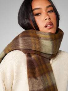 MISSGUIDED Khăn choàng cổ kẻ caro cỡ lớn có tua rua, phụ kiện mùa thu đông, chăn ấm quấn quanh người - Cà phê - Xem 3
