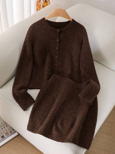 CosyJoli Plus Size Women Black Cardigan Sweater And Skirt 2 Pieces Set, Casual Everyday Wear, Autumn/Winter Brown