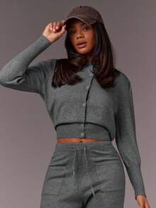 Athîral Women's Solid Color Minimalist Long Sleeve Sweater And Pants 2 Pieces Set, Casual Everyday Wear,Fall,Fall Clothes For Women - Grey - View 4