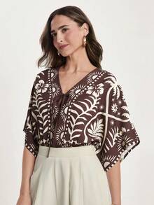 CAJUNI Women's Vacation Plant Print Front Tie Batwing Sleeve Casual Bodysuit - Brown - View 4