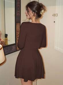 DAZY Women's Elegant Solid Color Dress And Cardigan 2 Pieces Set - Brown - View 4