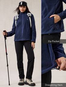 OutZeal 女士保暖抓绒拉链口袋立领拇指孔拉链户外抓绒外套秋冬季徒步露营 - 藏蓝色 - 查看 4