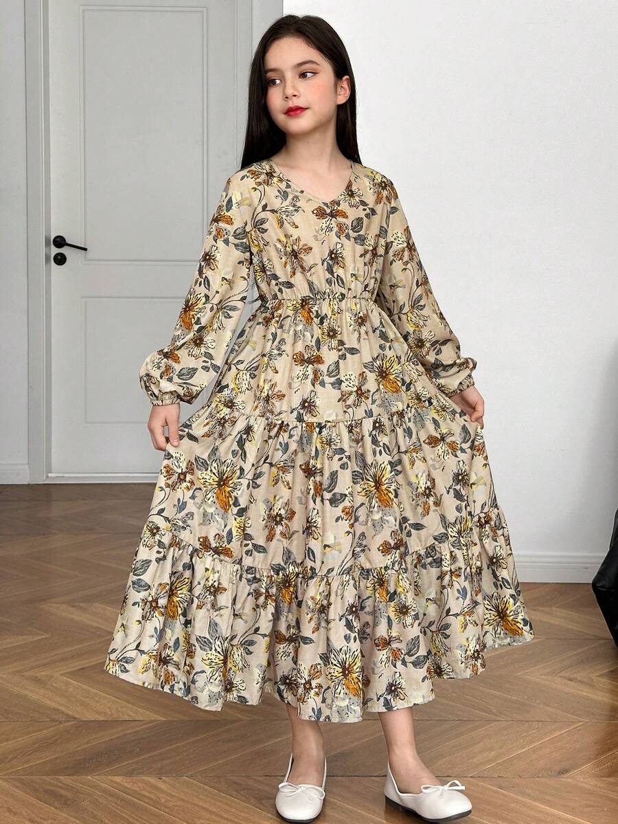 Tween Girl Ditsy Floral V 领泡泡袖拼布连衣裙,休闲度假梭织花卉连衣裙,卡其色/杏色 - 杏色 - 查看 1