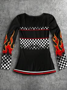 Attitoon 女士V领休闲运动赛车服火焰棋盘格撞色印花数字字母徽章简约修身长袖T恤，适合机场、复古、学院风、百搭、性感、可爱、Y2K、椰子女孩、波西米亚风、嬉皮风、音乐节、秋冬季等场合。 - 白色 - 查看 2
