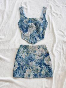 Soleia Winter And Summer Christmas  Vintage Blue Palace Style Floral Jacquard 2 Pieces Set: Bustier With Button Front And Tie Back, Mini Skirt, Spring/Summer Floral Two Piece Set Summer Two Piece Set Two Piece Set Floral Mini Skirt Set Printed Two Piece Set Summer Skirt And Top Set Beach 2 Piece Set Tropical Two Piece Set New Year Clothes  Party  For Women Beach  Elegant 2 Pieces Set For Women Formal - Multicolor - View 6