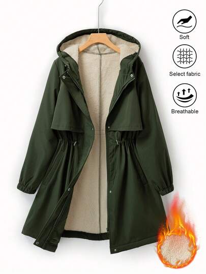 EMERY ROSE 大码女式保暖内衬拉链连帽长袖夹克，收腰设计，秋冬季温暖休闲通勤外套