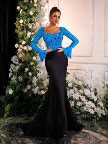 Glamrae Elegante vestido de noche de gala largo con mangas de volantes de malla negra y caqui, con detalles de lujo de strass - Agua verde azul - Ver 5