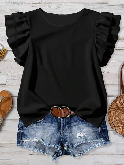 Mellowie 大码女式日常休闲优雅纯黑色圆领双层小飞袖宽松衬衫，女式夏季服装，女式度假服装，女式夏季服装，女式外出上衣