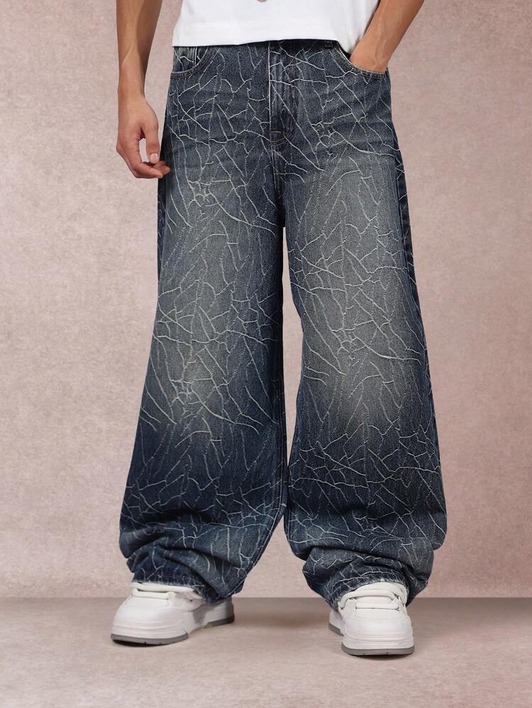 Wide Leg Jeans With Cracked Pattern