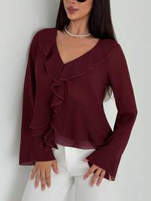 Aloruh Nouvelle blouse ajustée à manches longues, col en V profond, avec décoration de volants, style bohème décontracté pour le travail et le quotidien. Top rouge, Noël, hauts rouges pour femmes - Rouge foncé - Voir 7