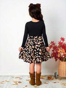 SHEIN Young Girls' Knitted Crew Neck Patchwork Leopard Print Casual Dress, Jacquard Leopard Print Long Sleeve Dress, Suitable For Autumn/Winter - Multicolor - View 11