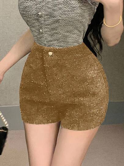 DAZY 女士纯色高腰亮片紧身短裤新年嘉年华女装