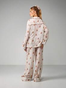 MISSGUIDED Christmas Teddy Bear Print Button Front Pajama Set Long Sleeve Sleep Lounge Wear - Multicolor - View 2