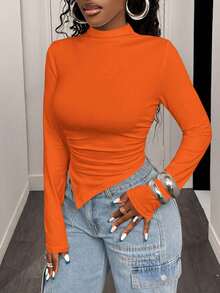 BamGleam Solid Color Stand Collar Asymmetric Hem T-Shirt Fall Cloth For Women