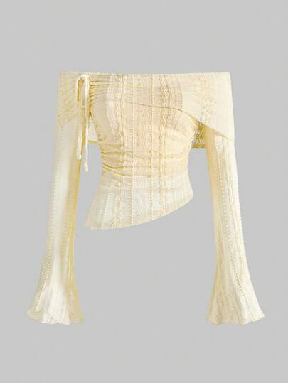 Fairycore Y2K Off Shoulder Ruched Lace Flare Sleeve Long Sleeve Top