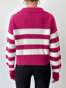 SHEIN Tall Striped Pattern Drop Shoulder Sweater, Tall Women - Hot Pink - View 2