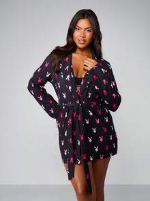 Missguided x Playboy Christmas Print Dressing Gown With Belt - Black - View 1