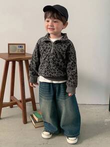 DAZY 幼儿男童韩版豹纹翻领宽松长袖上衣 - 灰色 - 查看 3