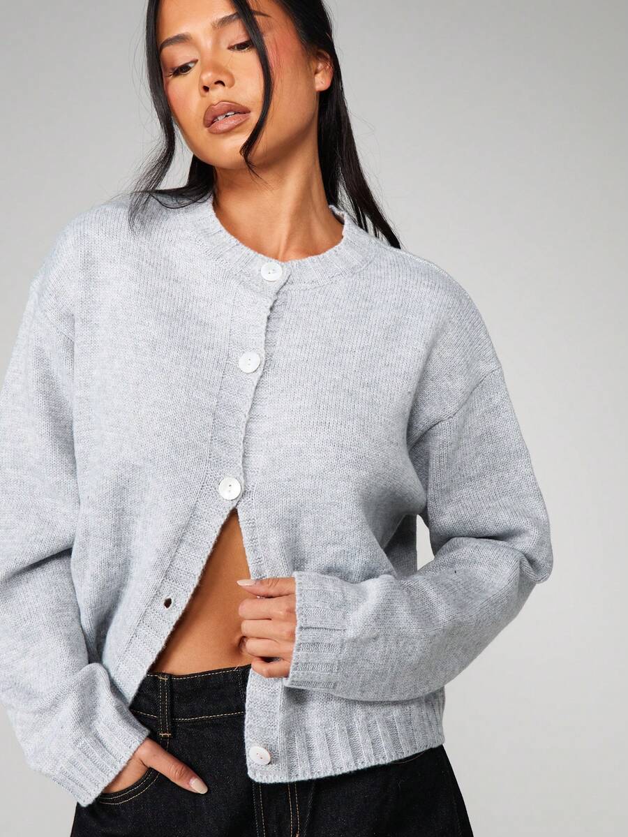 MISSGUIDED Crew Neck Button Up Cardigan Sweater With Ribbed Trim For Casual Fall Winter Layering - Grey - View 1