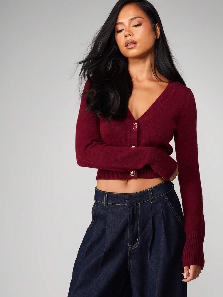 MISSGUIDED Long Sleeve Button Front Cropped Cardigan With Jewelled Crystal Details For Fall Winter Layering Christmas