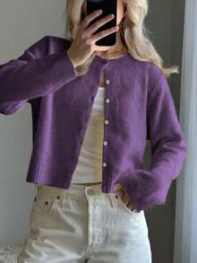 INAWLY Women's Solid Color Drop Shoulder Long Sleeve Single-Breasted Casual Knit Cardigan, Autumn/Winter - Purple - View 4