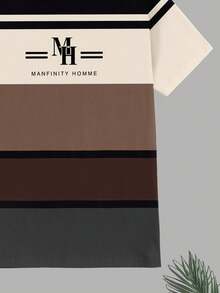 Manfinity Homme 男士字母条纹印花圆领短袖休闲T恤 - 彩色 - 查看 6