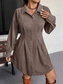 SHEIN VCAY 秋冬大码束腰开衫式休闲复古连衣裙 - 咖啡棕 - 查看 3