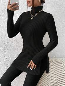 SHEIN Teen Girl Turtleneck Solid Color Long Sleeve T-Shirt With Slit Hem - Black - View 1