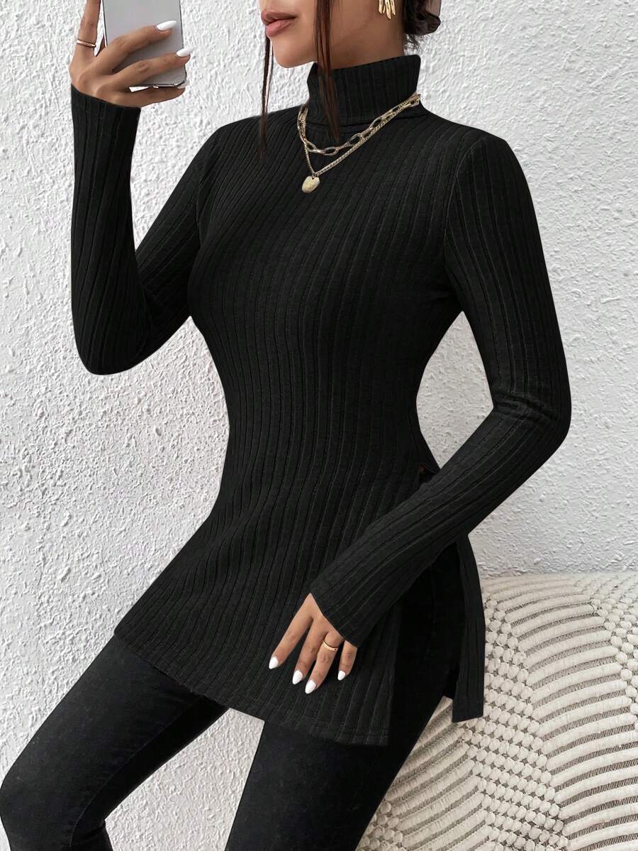 SHEIN Teen Girl Turtleneck Solid Color Long Sleeve T-Shirt With Slit Hem - Black - View 1