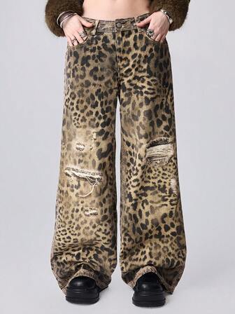 Grunge Punk Y2K Vintage Distressed Leopard Print Loose Fit Super Low Waist Baggy Jeans