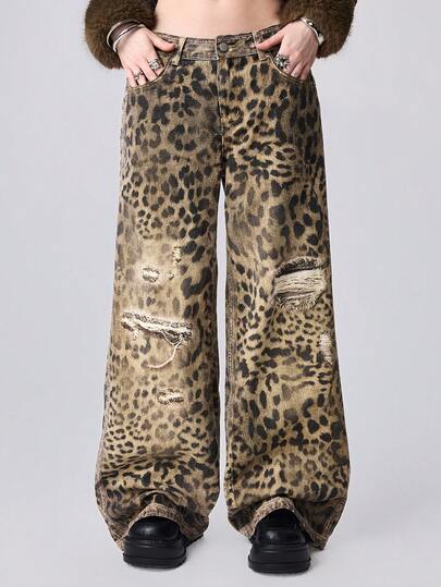 Grunge Punk Jeans holgados de talle súper bajo con estampado de leopardo vintage desgastado del estilo Y2K