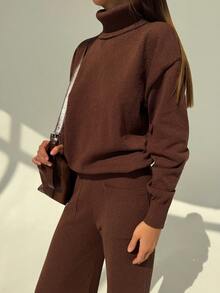 Aloruh Nuovo set di maglioni vintage a maglia circolare minimalista, silhouette con collo alto morbido, adatto dall'inizio dell'autunno fino al pieno inverno - Castano - Visualizzare 7