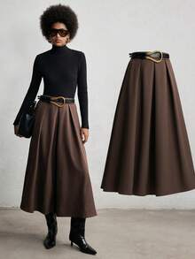 Lumivelle Women's Fashion Pleated Leather Belt Decor Skirt - Brown - View 9