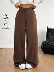 SHEIN PETITE 女士透气阔腿裤，莱赛尔纤维和天丝亚麻混纺面料。秋冬百搭基本款。 - 咖啡棕 - 查看 4