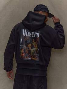 Musero Sudadera con capucha grande, gráfica y holgada, esencial para primavera y verano - Negro - Ver 4