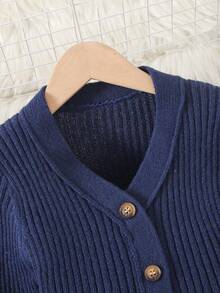 SHEIN Tween Girl Navy Blue Casual Comfortable Home Knitted Ribbed Button Front Wide Leg Pants Set, Soft Light Khaki Blue Two Piece Set Royal Blue Button Up Kids Outfit Tween Matching Set Knit Teen Girl Two Piece Set Preppy Two Piece Set - Navy Blue - View 4