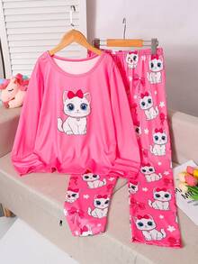 可爱INS猫咪蝴蝶结图案圆领女童睡衣 - 彩色 - 查看 1