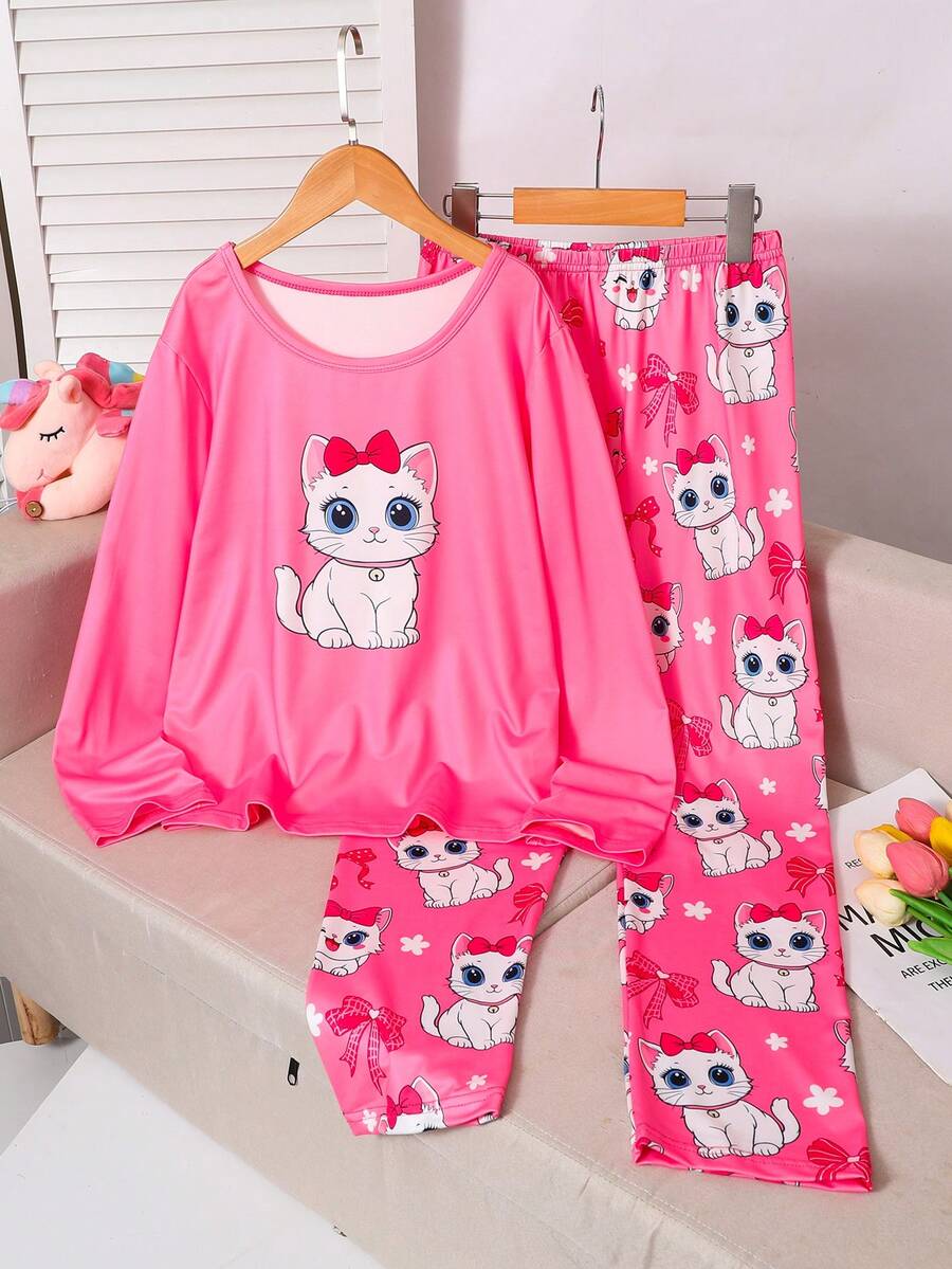 可爱INS猫咪蝴蝶结图案圆领女童睡衣 - 彩色 - 查看 1
