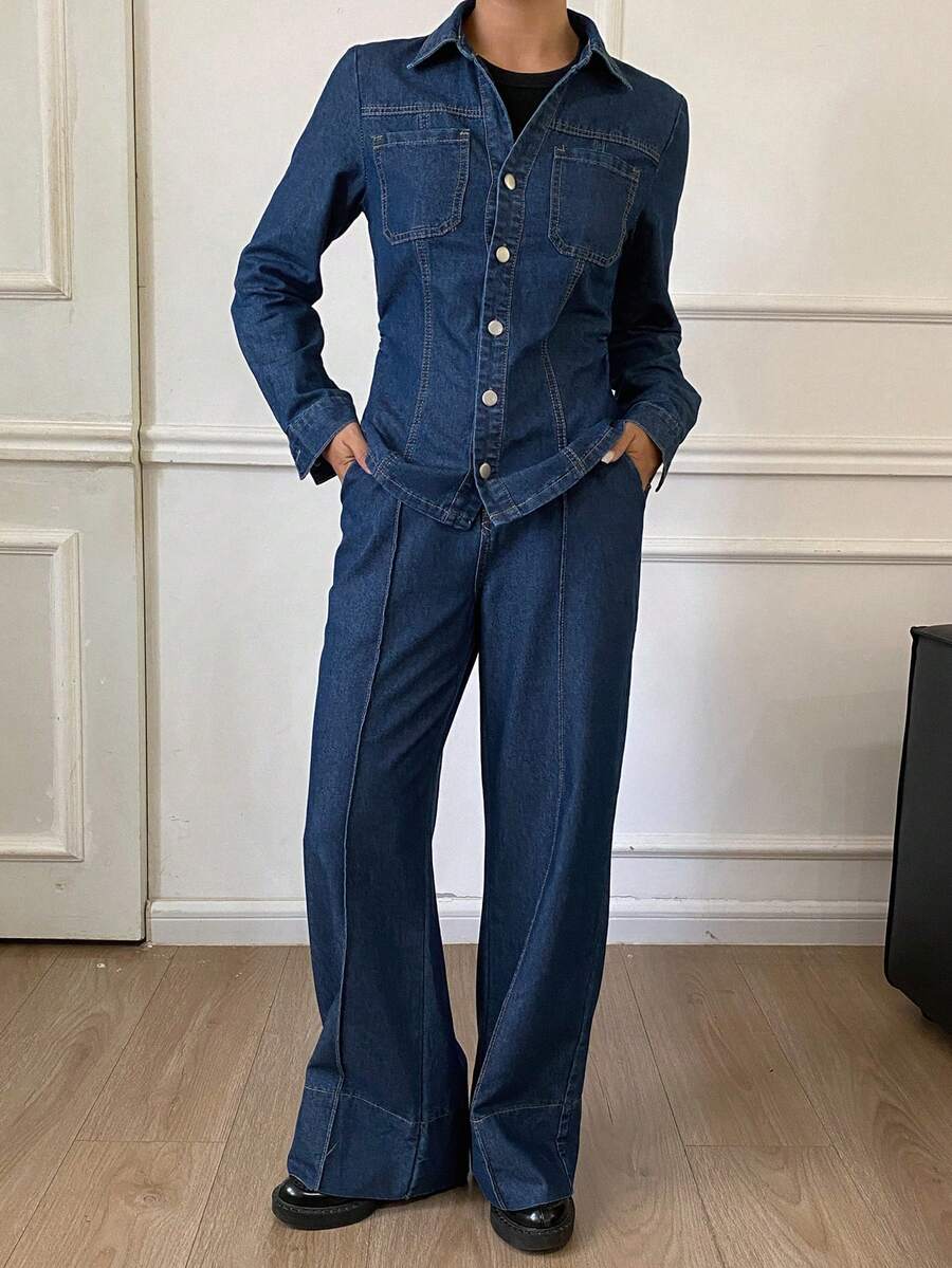 Livesso 秋冬新款宽松休闲都市风女牛仔两件套 - 藍色 - 查看 1